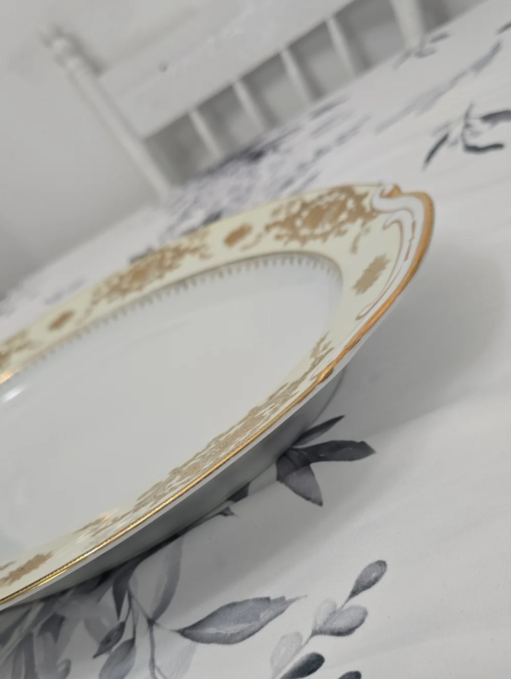 Vintage Wiss China Oval Serving Tray Porcelain Japan White Gold Floral Filigree